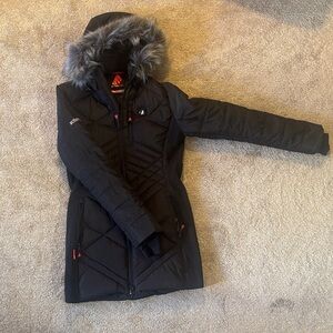 Heated Women's Black Quilted Jacket with Faux Fur Hood